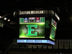 Eastern Michigan University arena scoreboard with Cueter signage