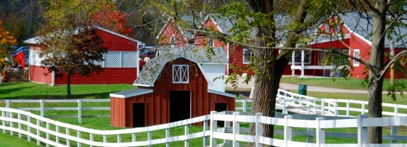 Red barn and white fence at an orchard in autumn