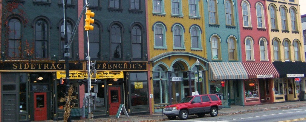Storefronts along a downtown street