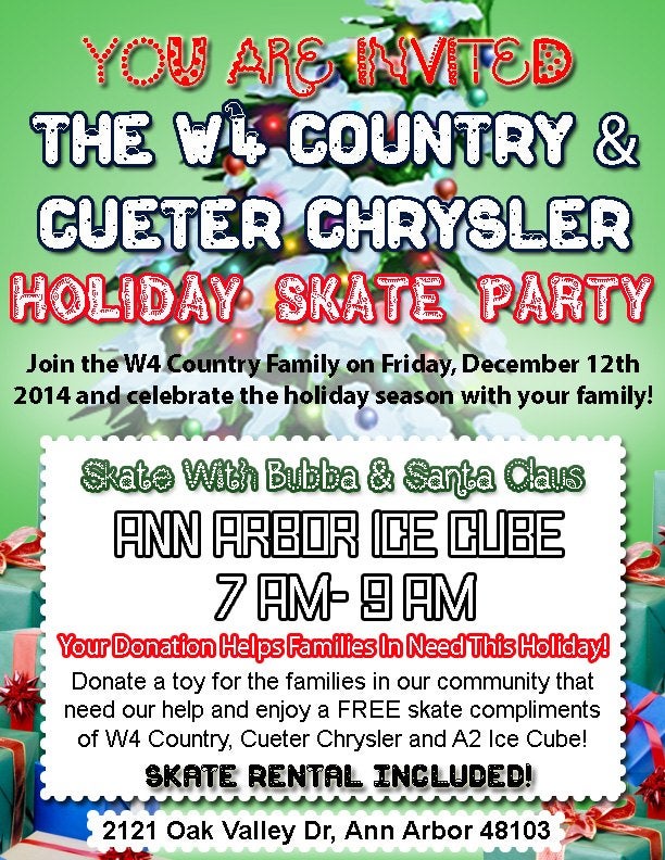 Flyer for the W4 Country and Cueter Chrysler holiday skate party