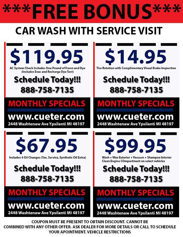 June service specials flyer with pricing and a free car wash bonus