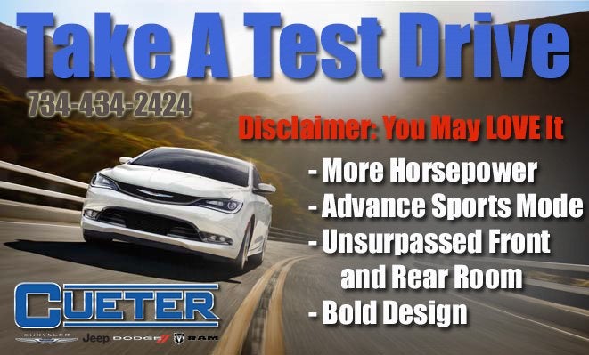 Cueter banner promoting a Chrysler 200 test drive