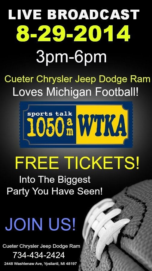 Flyer for the WTKA Sports 1050AM live broadcast at Cueter