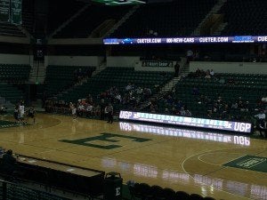 Eastern Michigan University basketball court with Cueter courtside signage