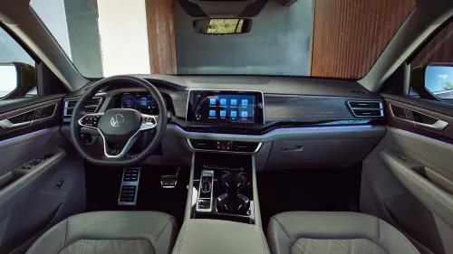 Interior view of an Atlas with a building seen through the windows.
