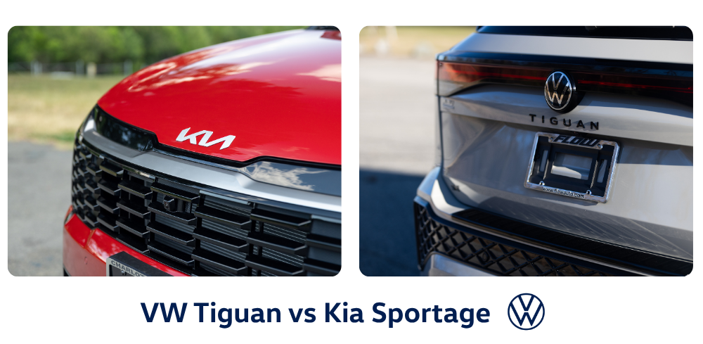 The hood of a red 2026 Kia Sportage next to the rear of a white 2026 VW Tiguan.