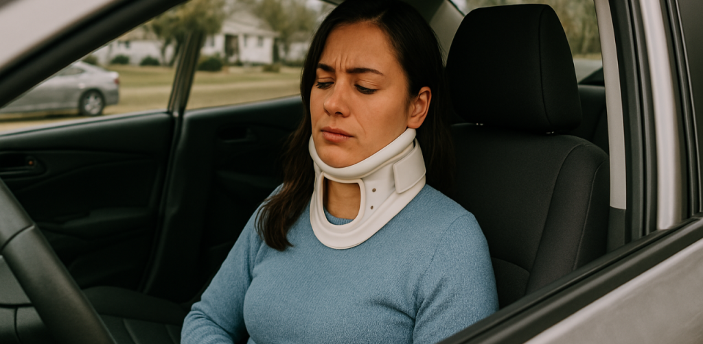 Woman in car wearing a neck brace with a pained expression, recovering from a possible auto accident injury