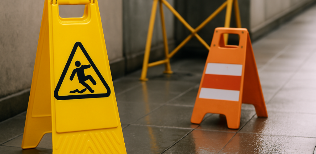 Wet floor warning signs placed on a shiny tile hallway to alert pedestrians of a slip and fall hazard