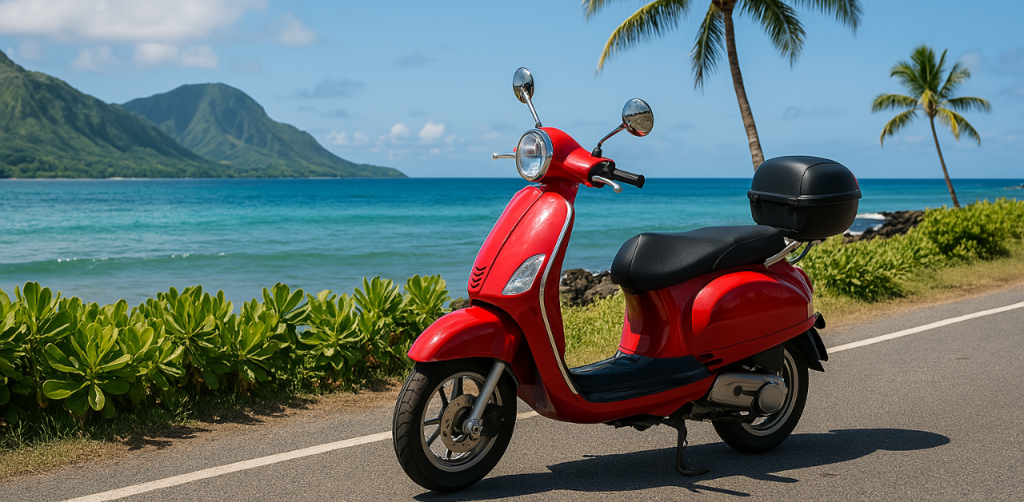 Red moped parked roadside by a tropical beach, with palm trees and green mountains under a sunny sky