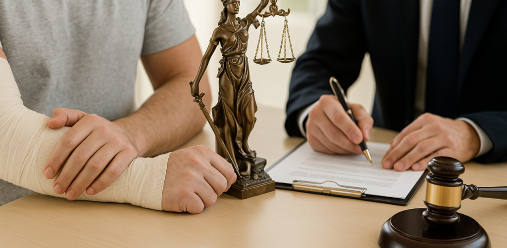 Injured man consulting lawyer with Justice statue and gavel, discussing a personal injury legal case
