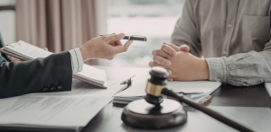 Attorney consulting with a client across a desk with legal paperwork and gavel during a professional legal meeting