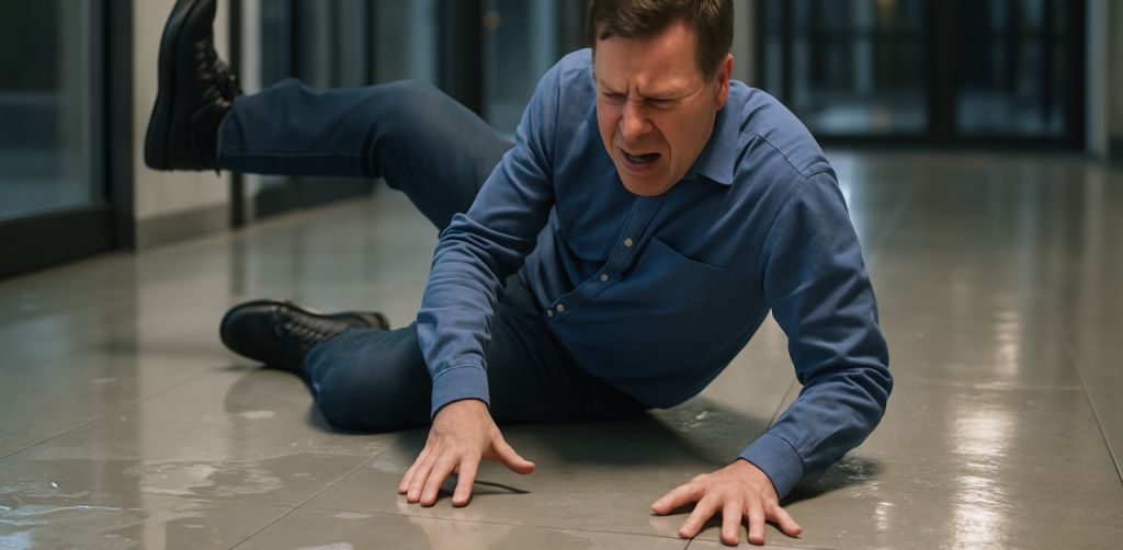Man in blue shirt falls hard on a wet hallway floor, showing pain from a slip and fall accident