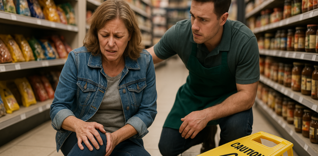 Store worker helps injured woman on aisle floor after slip and fall accident near caution sign