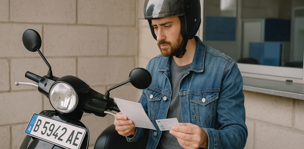 Man in helmet stands beside scooter, examining a ticket and ID card with a serious look near a building wall