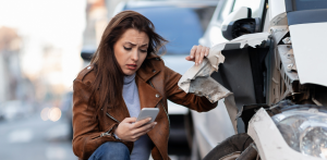 A worried woman inspects car damage while using her phone after a collision in the city