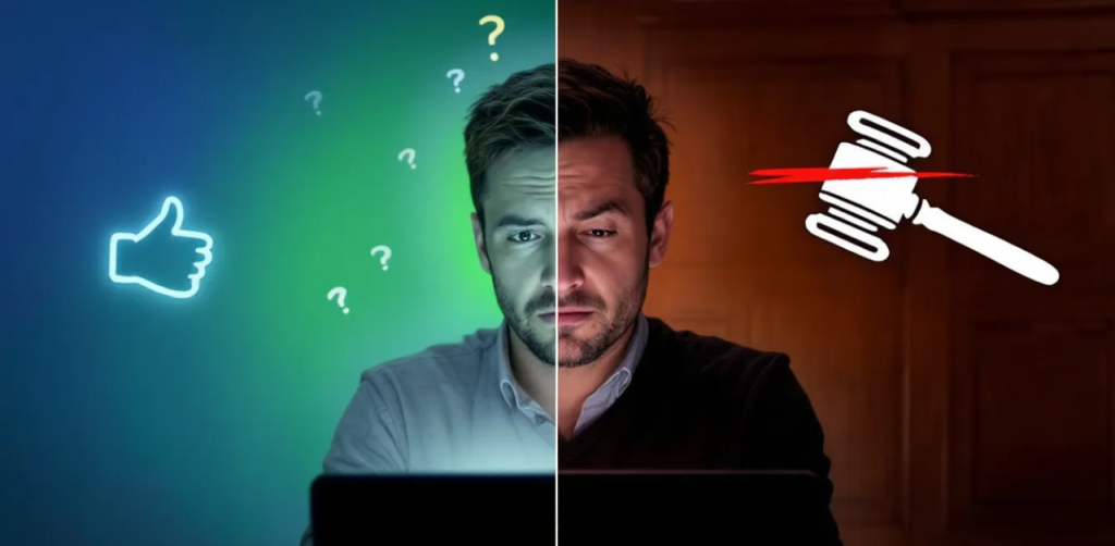 Split-screen image of a man using a laptop, with social media icons on one side and legal symbols on the other