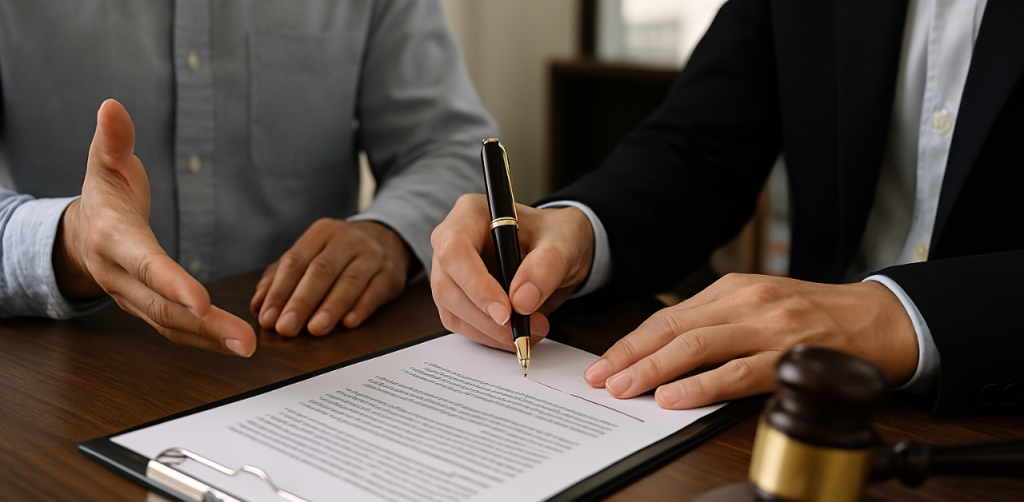 Lawyer signing legal documents while client gestures during a consultation about a personal injury case