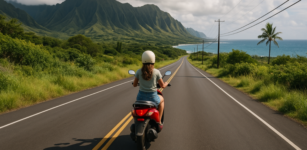 Woman rides red moped along scenic coastal highway with ocean views and lush mountains in the background