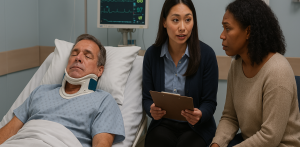 Man in neck brace lies unconscious in hospital bed as doctor discusses condition with concerned visitor