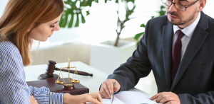 Lawyer explains legal document to a client at a desk with justice scales