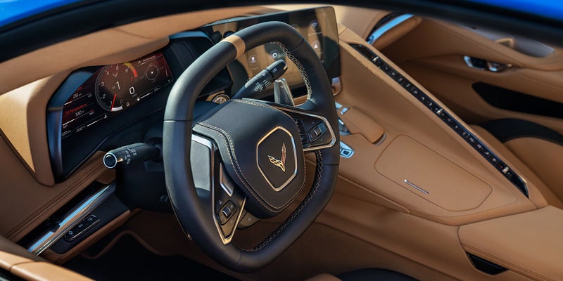 interior of a Chevy Corvette Z06 shows the steering wheel