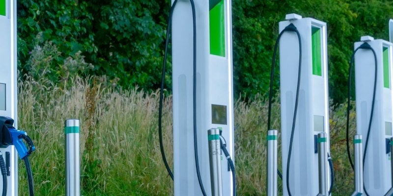 Row of electric vehicle charging stations