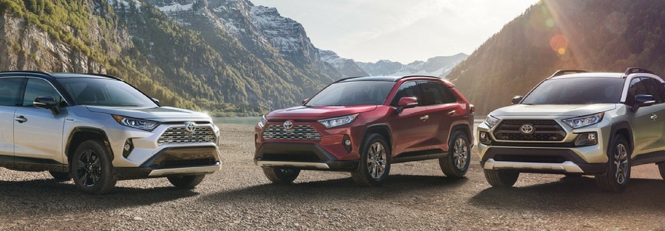Three 2019 RAV4 SUVs posed in front of mountains