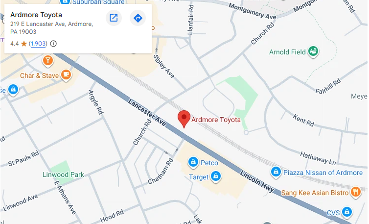 A Google Maps location focused on Ardmore Toyota in Ardmore, PA 