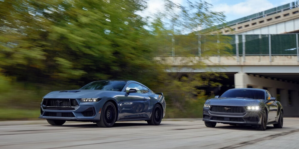 Two sleek, modern sports cars speed down a road flanked by blurred greenery and an underpass in the background, conveying a sense of energy and motion.
