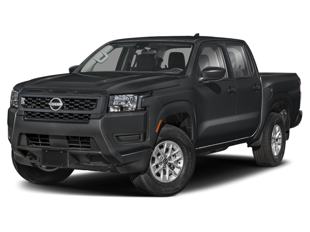 a black 2026 Nissan Frontier truck as seen from the front and driver's side, against a white background