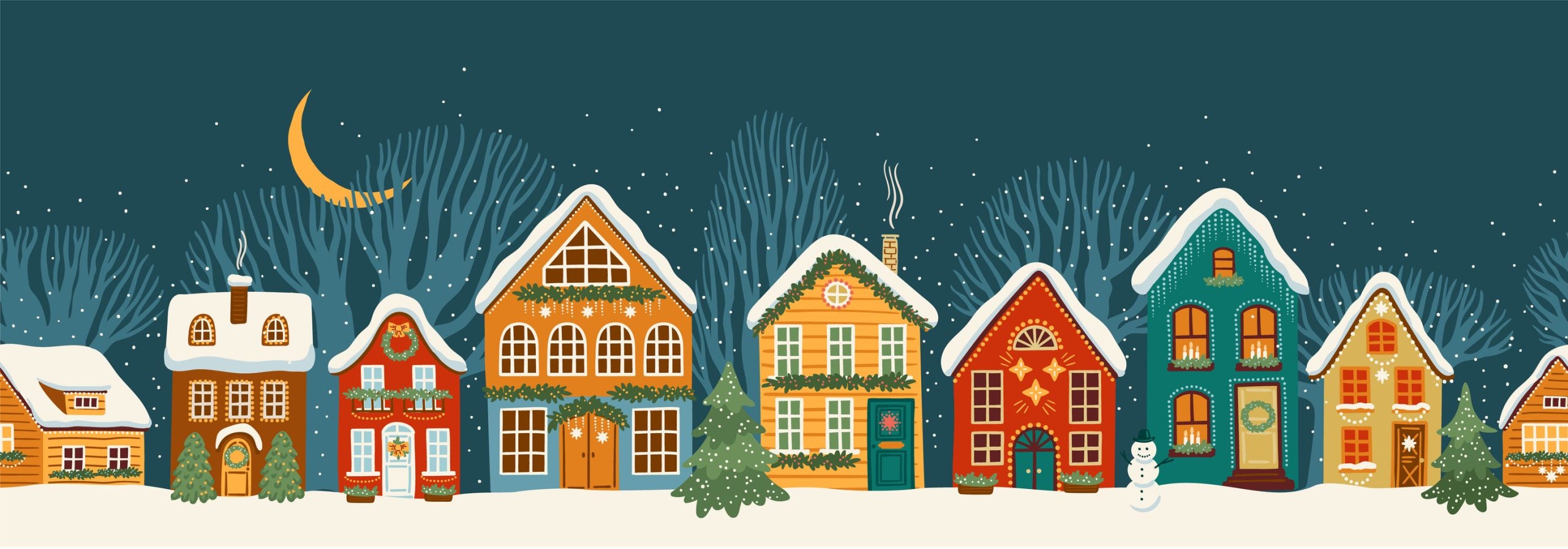 Holiday Village. Seamless border. City, houses, Christmas trees, snow. New Year and Christmas symbols. Vector design