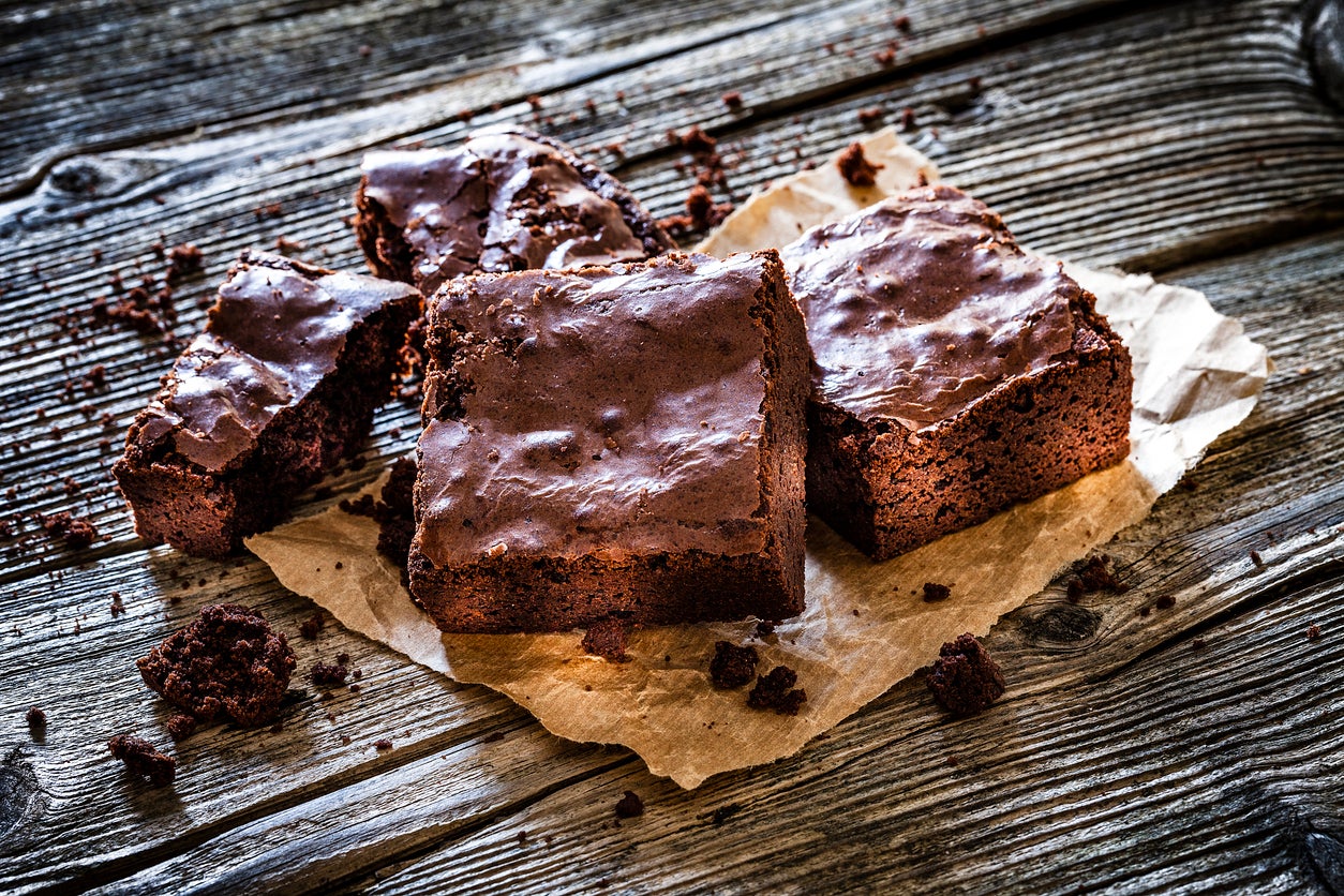 Chocolate brownies on rustic wooden table