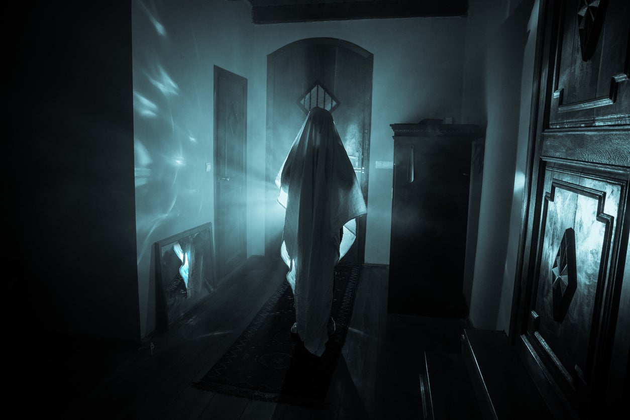 Horror silhouette of ghost inside dark room with mirror Scary halloween concept Silhouette of witch inside haunted house with fog and light on background.