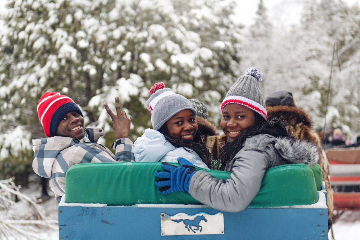 Multi-ethnic group sleigh riding