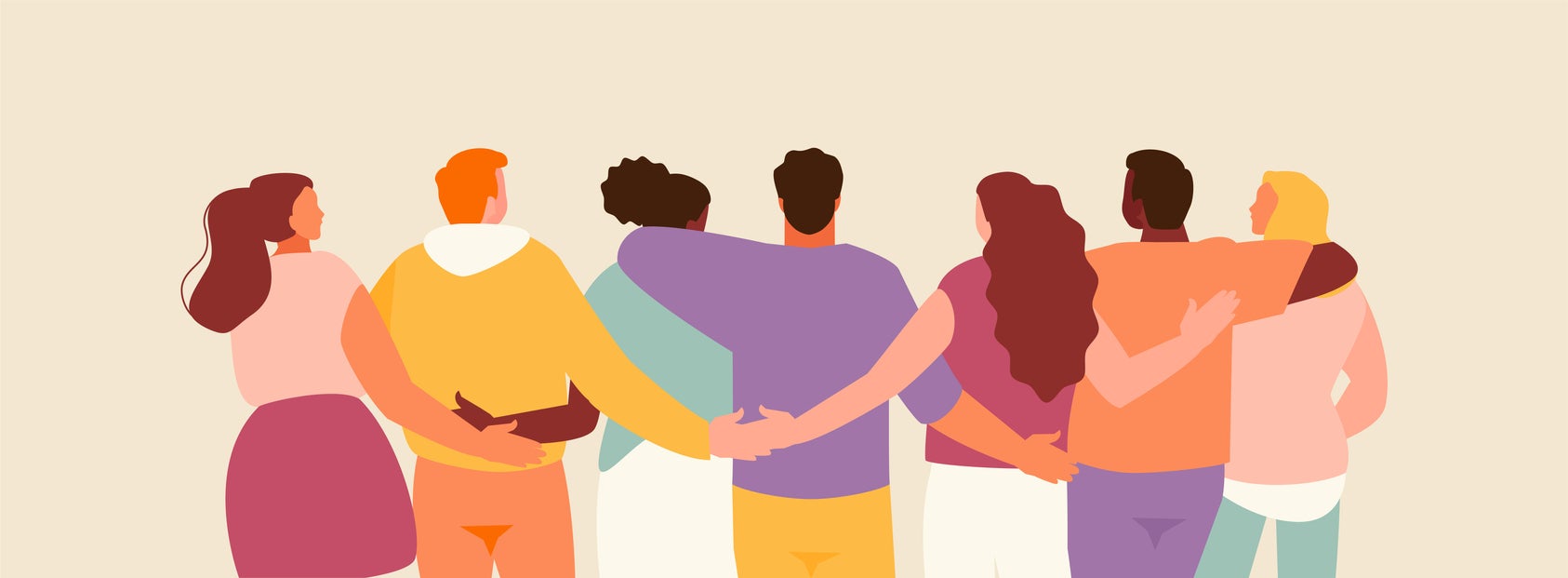 Hugging friends rear view vector