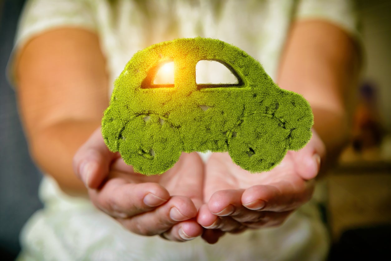 Green car with grass growing on it