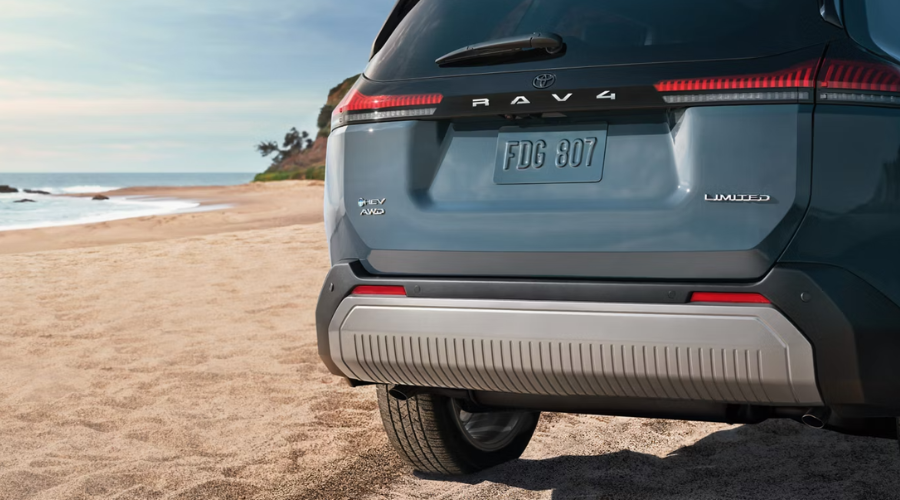 Close up rear view of a 2026 Toyota RAV4 tail lights at Classic Toyota in Waukegan highlighting the full premium LED tail lights