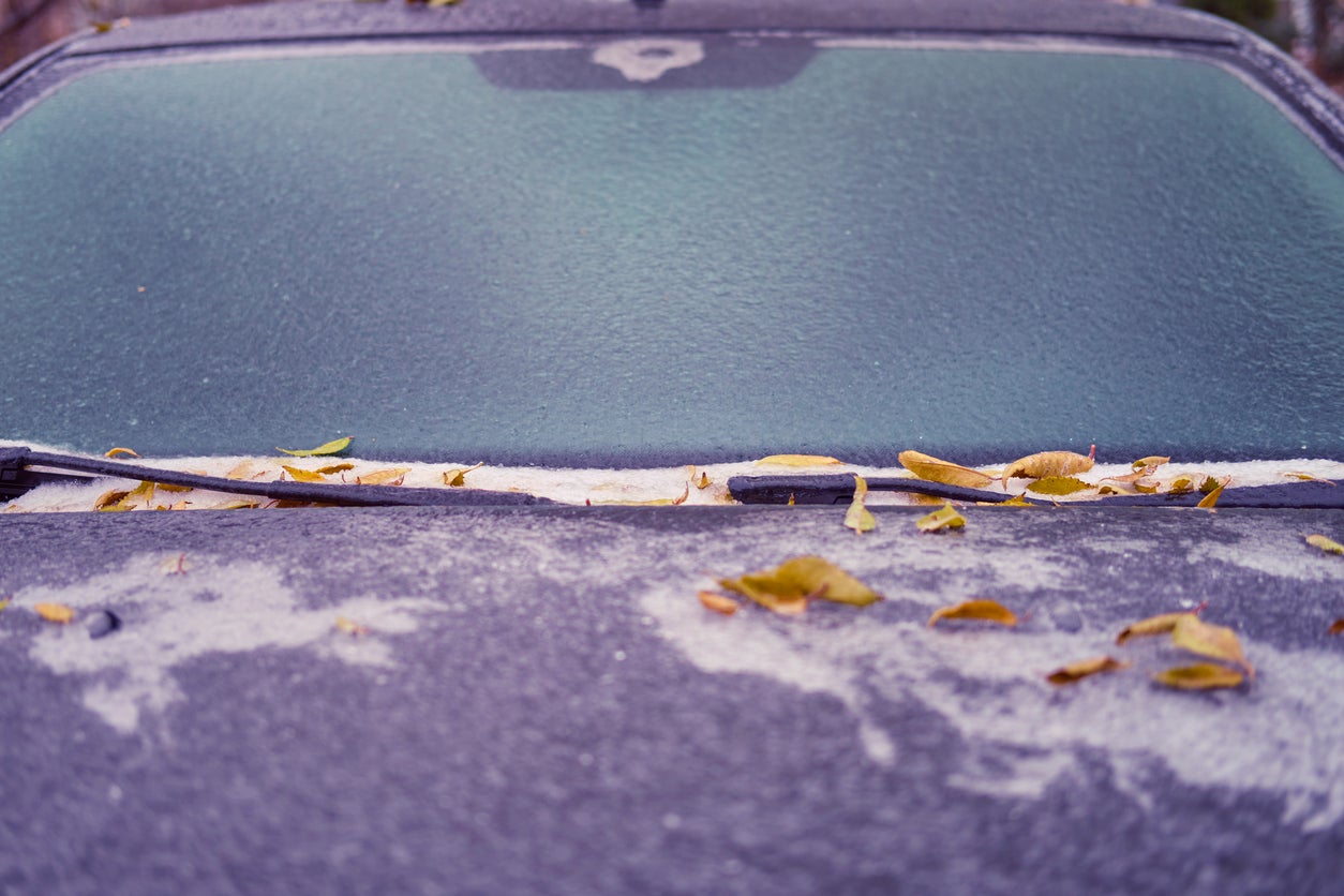 Windshield and hood of a car frozen after the first autumn frost with tree leaves