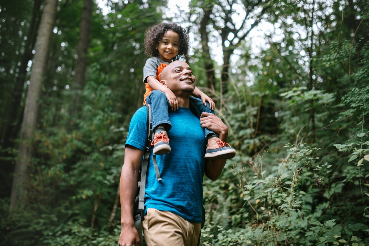 Father Carries Son On Hike Through Forest Trail in Pacific Northwest