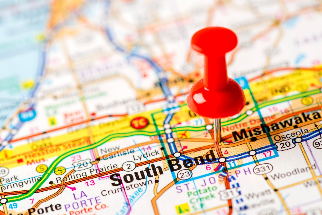 US capital cities on map series: South Bend, Indiana