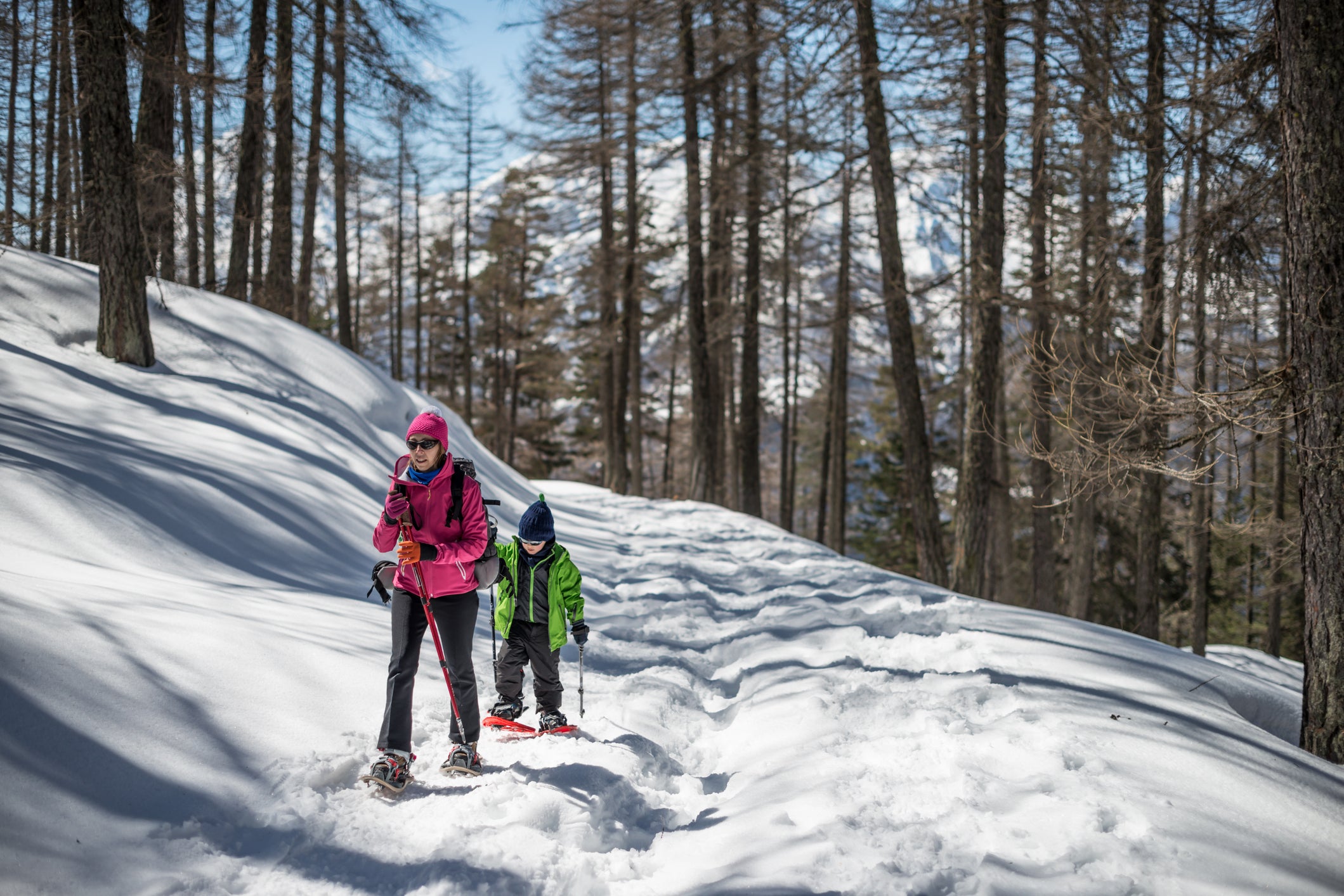 Mother and Son Snowshoeing
