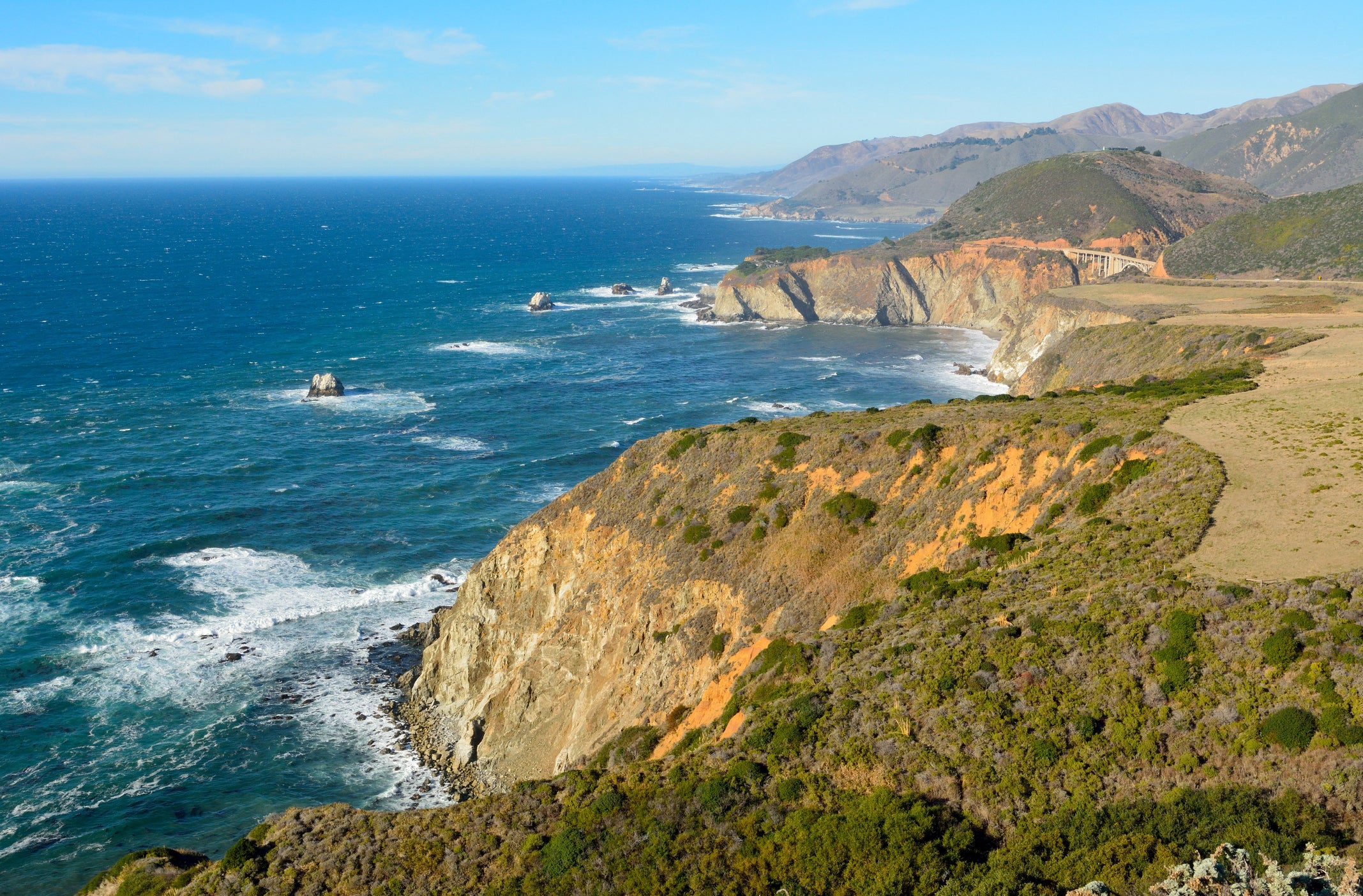 Pacific coast in Big Sur state parks in California, with Bixby bridge historic landmark.