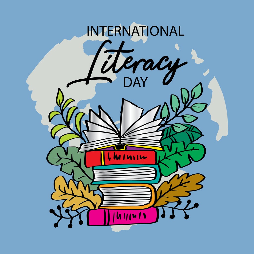 International literacy day background with books.