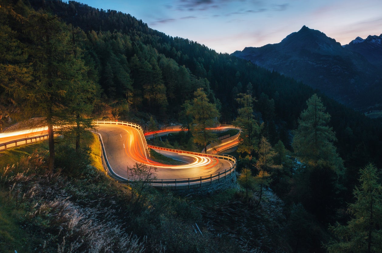 Winding road of Maloja Pass in Switzerland