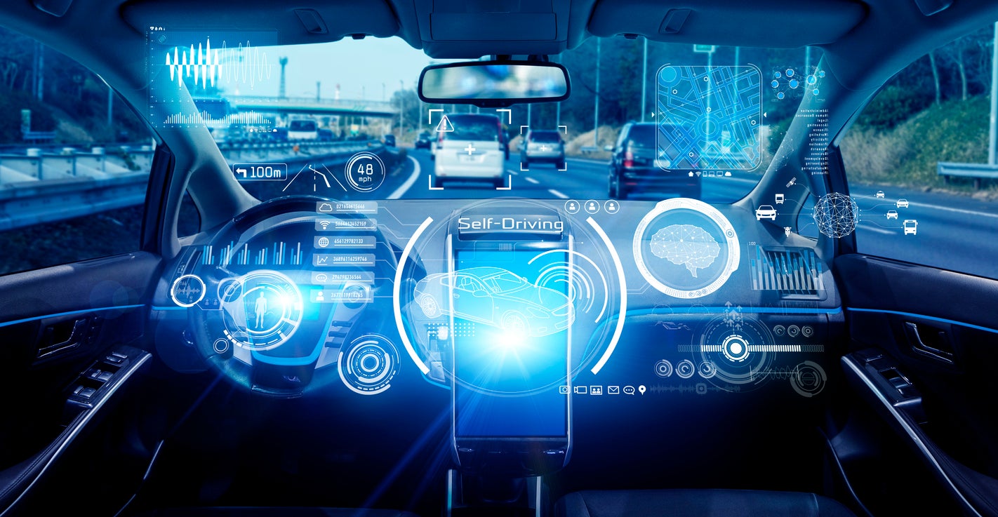 Interior of autonomous car. Driverless vehicle. Self driving. UGV. Advanced driver assistant system.
