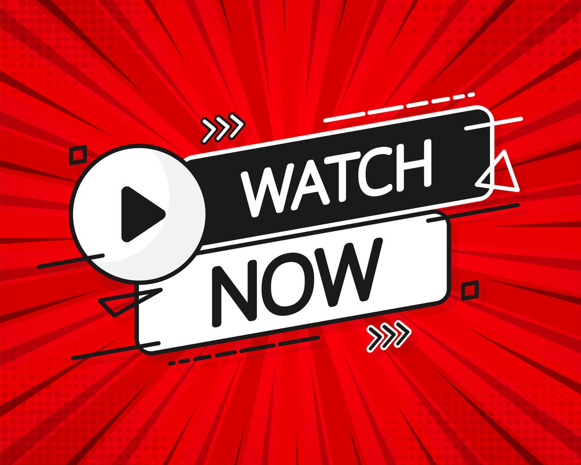 Watch now banner in flat style on white background. Play video. Web media. Online translation. Vector illustration