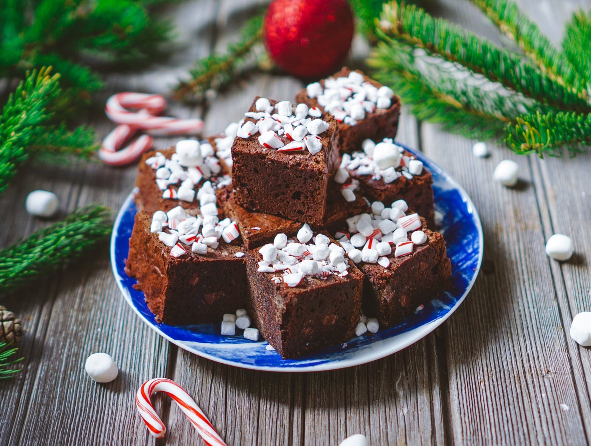 Chocolate fudgy brownies with marshmallows and candy.