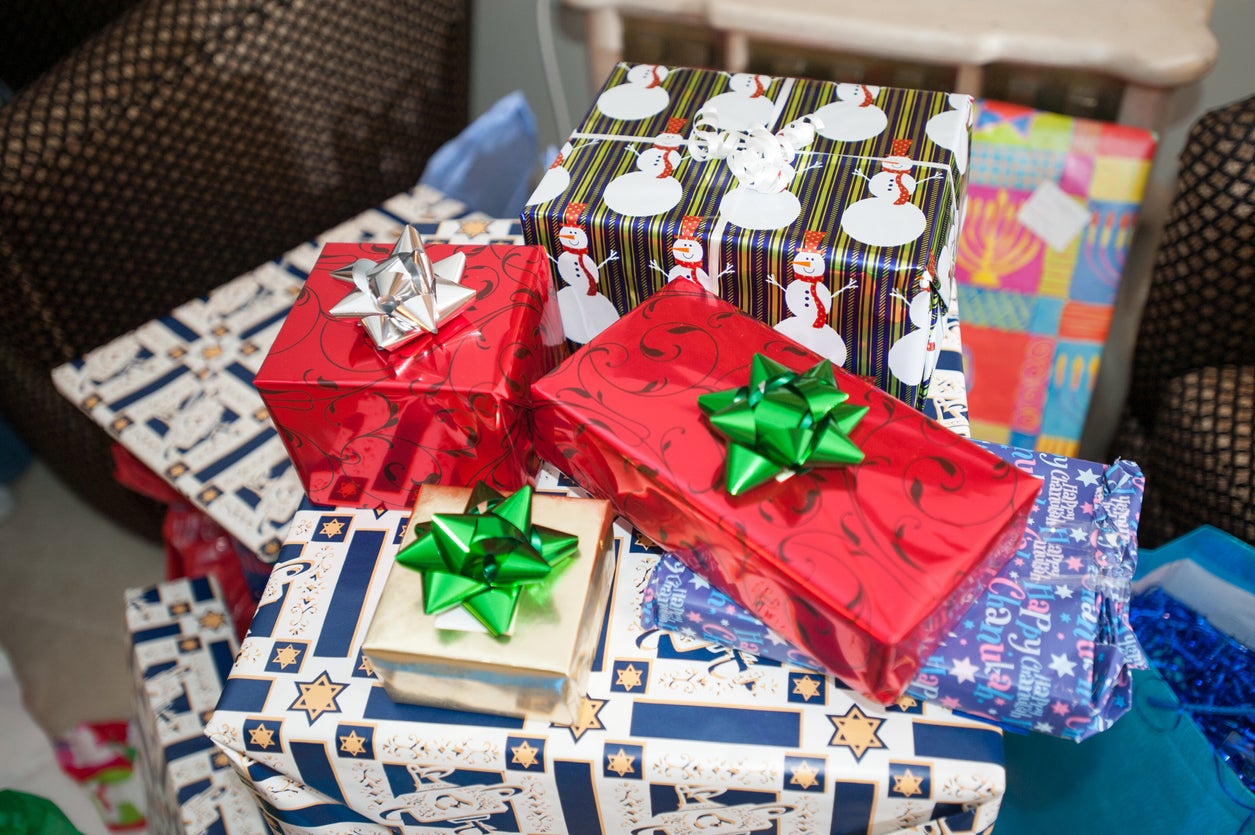 Colorfully wrapped Christmas and Hanukkah gifts