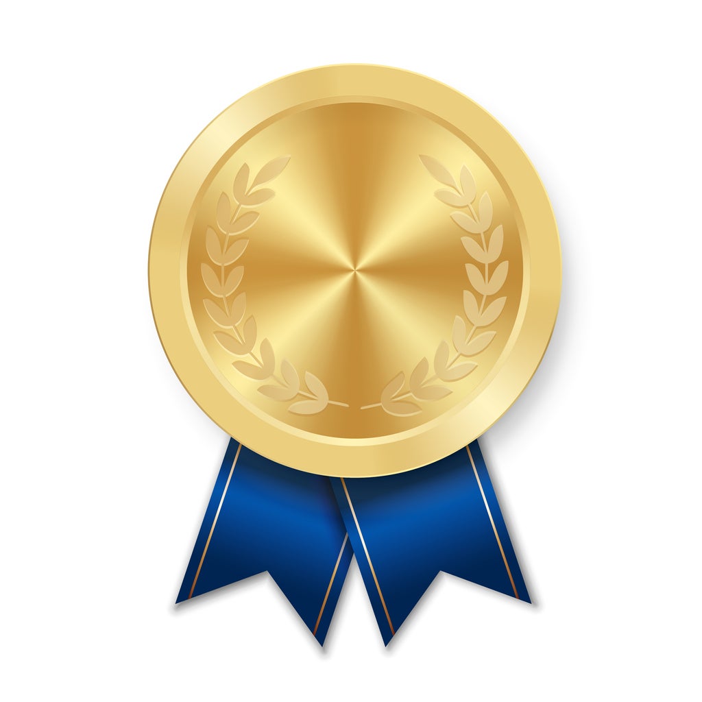 Golden award sport medal for winners with blue ribbon