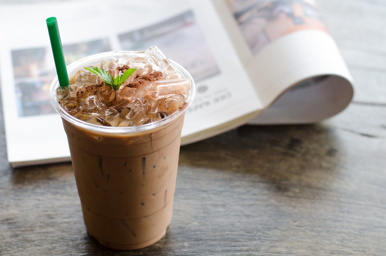 Ice peppermint mocha on wooden table
